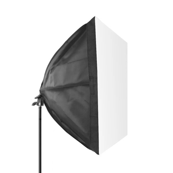 Square softbox with black cover and white diffuser, shown on a stand