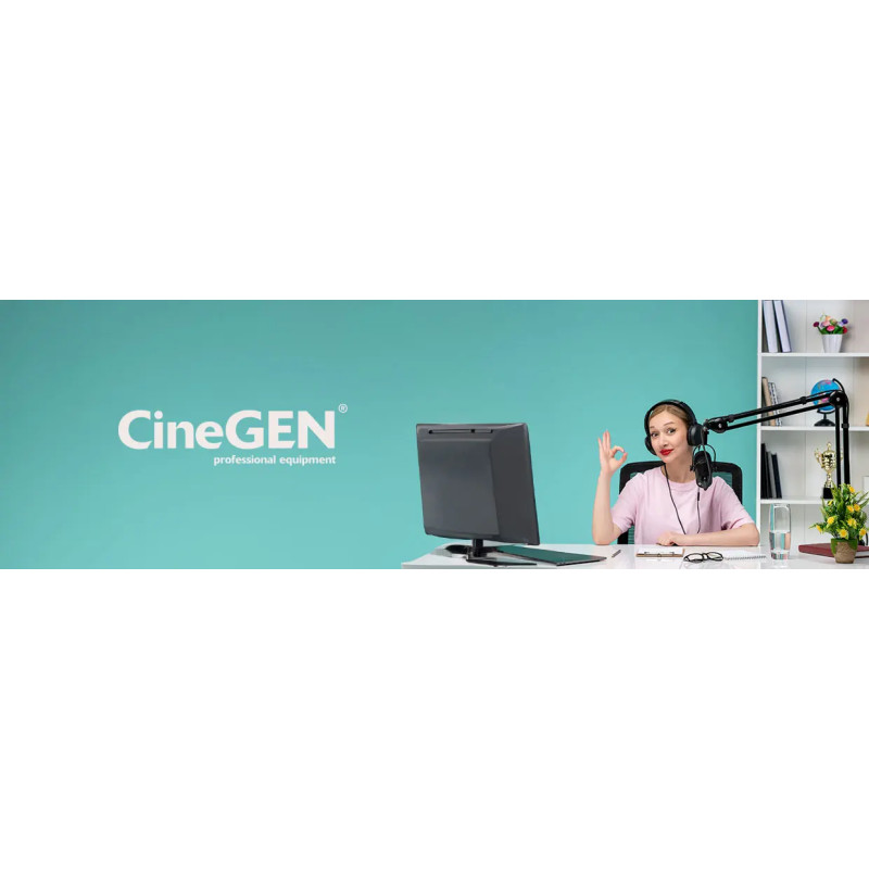 Банер CineGEN з жінкою біля мікрофона на бірюзовому тлі