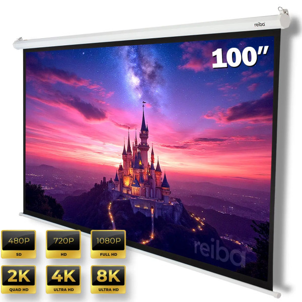 Parker 100 Leinwand mit Burgbild, 100 Zoll-Kennzeichnung und Auflösungs-Icons von 480p bis 8K