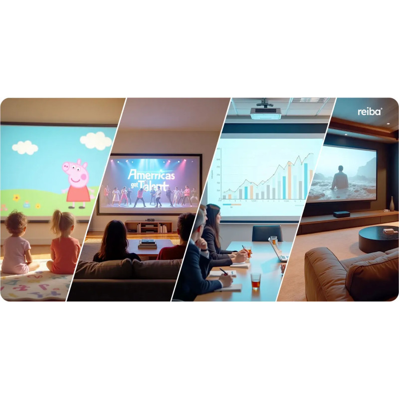 Collage von vier Anwendungsbereichen der Leinwand: Kindergeschichte, Unterhaltungsprogramm, Meeting-Diagramm und Film