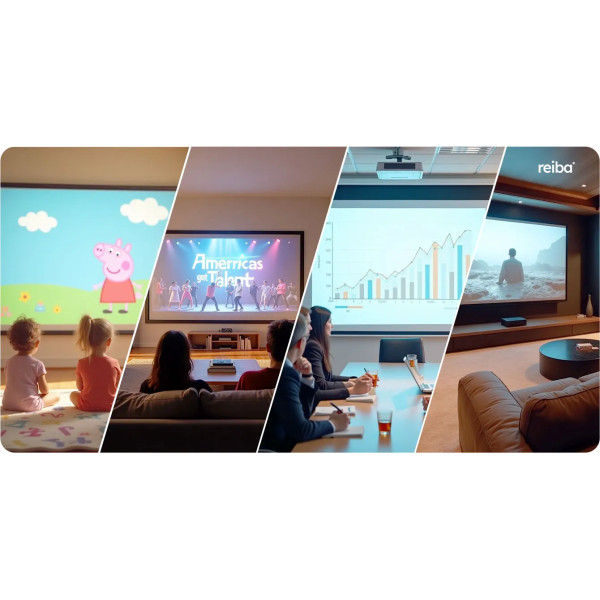 Collage von vier Anwendungsbereichen der Leinwand: Kindergeschichte, Unterhaltungsprogramm, Meeting-Diagramm und Film