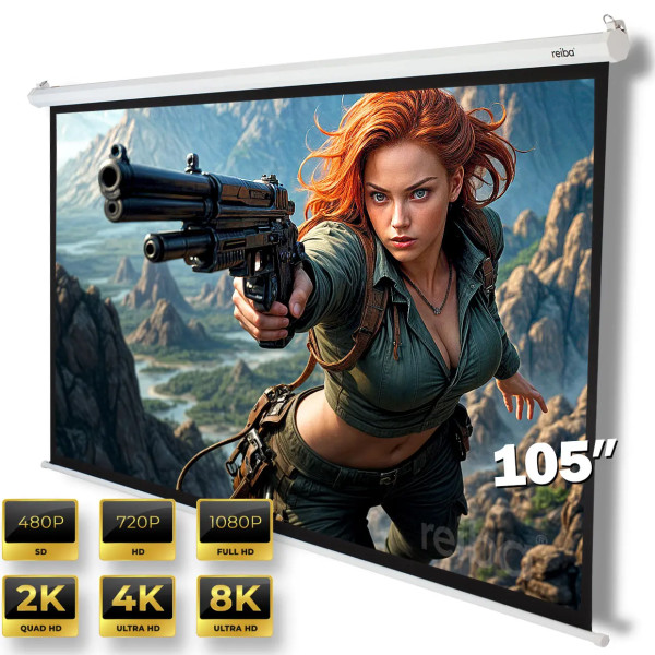 Ekran Parker 105 z grafiką wojowniczki i oznaczeniem 105 cali oraz ikonami rozdzielczości od 480p do 8K