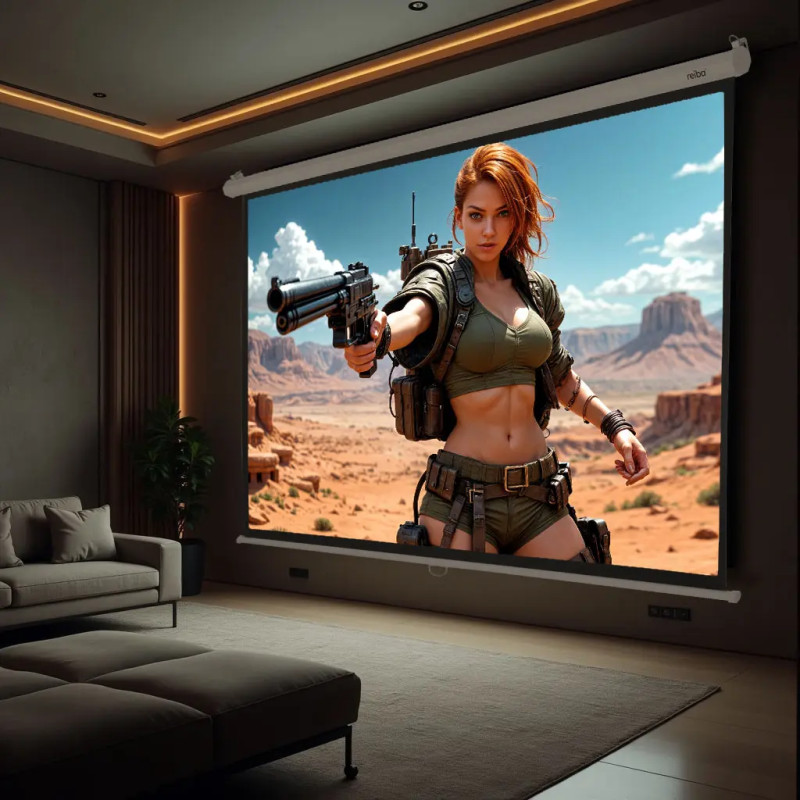 reiba Leinwand im Heimkino mit angezeigener Szene, Unterbaumontage über der Couch