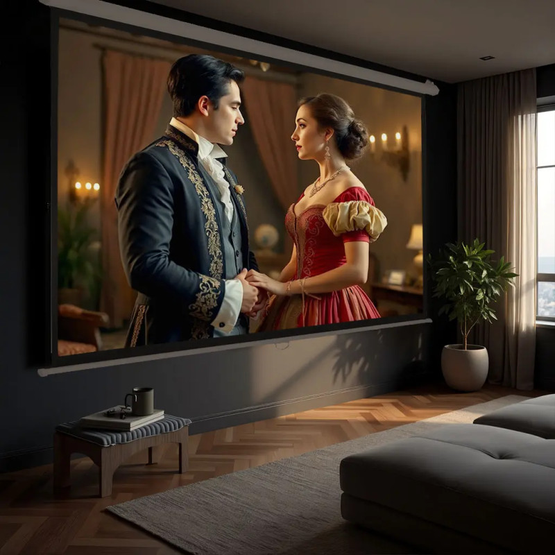 reiba Leinwand an einer dunklen Wohnzimmerwand mit angezeigener Filmszene, Paar in Kostümen