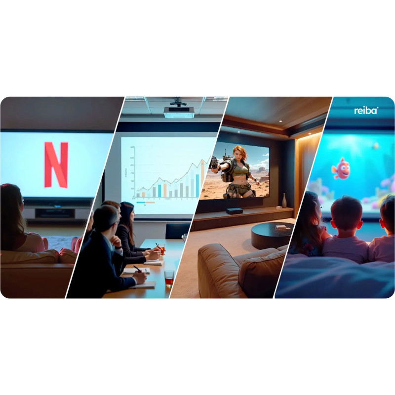 Collage der Anwendungen der reiba Leinwand: Film, Präsentation, Spiele und Familienvorführung