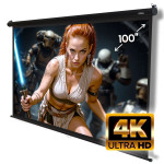 Deployed projection screen with black casing and 100" dimension arrow