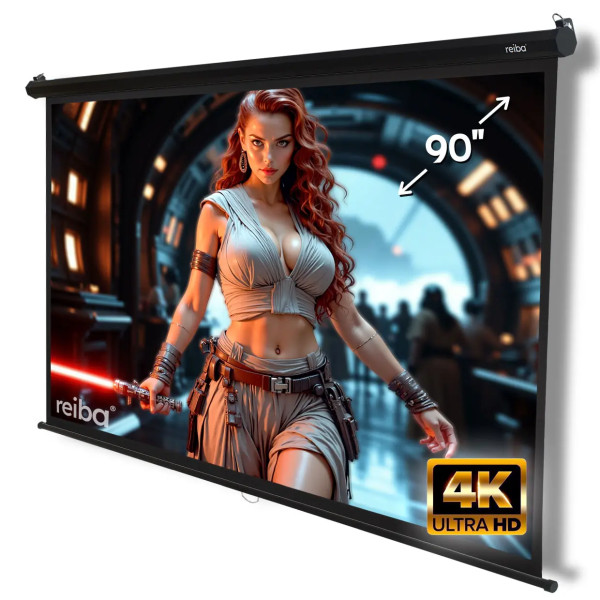 Blackwell 90 Leinwand mit schwarzem Kassettengehäuse, Beschriftung von 90 Zoll und 4K Ultra HD Plakette