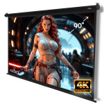 Blackwell 90 screen with black cassette, 90 inches marking, and 4K Ultra HD plaque