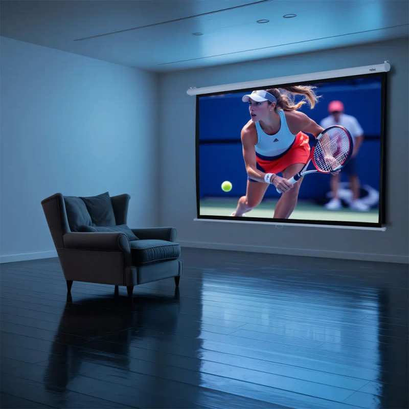 Leinwand in einem dunklen Raum, die ein Tennisspiel neben einem Sessel zeigt