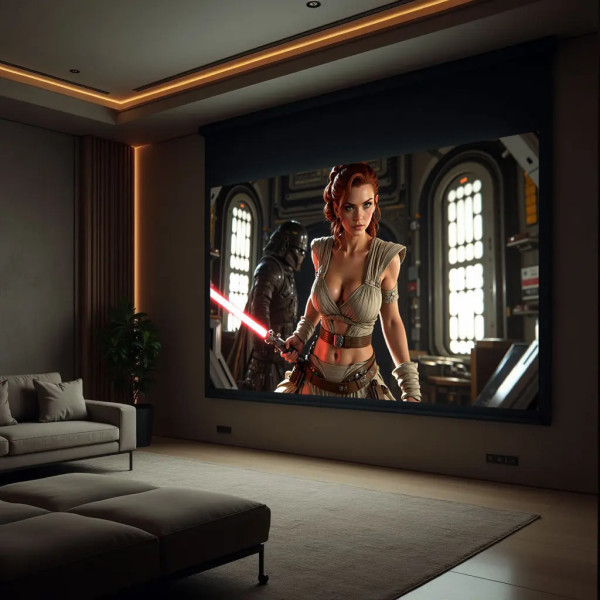 Leinwand im Heimkino-Wohnzimmer mit einer Film-Szene neben dem Sofa