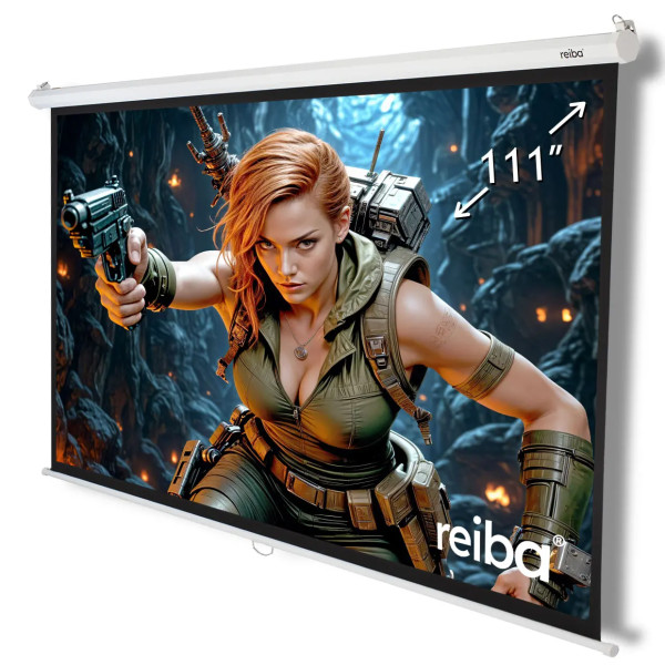 Ausgeklappter Projektionsschirm reiba mit Aufdruck 111" und Diagonalpfeil