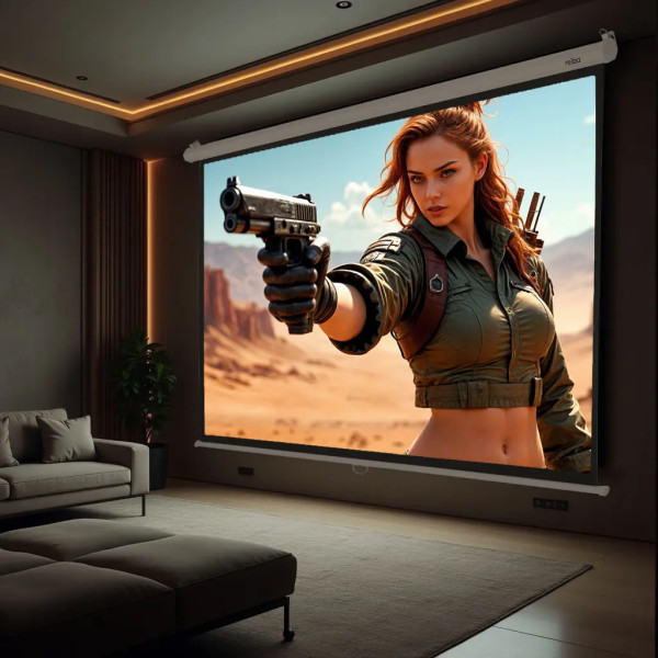 Ausgeklappter Schirm in einem Heimkino zeigt eine Filmszene in einem dunklen Wohnzimmer