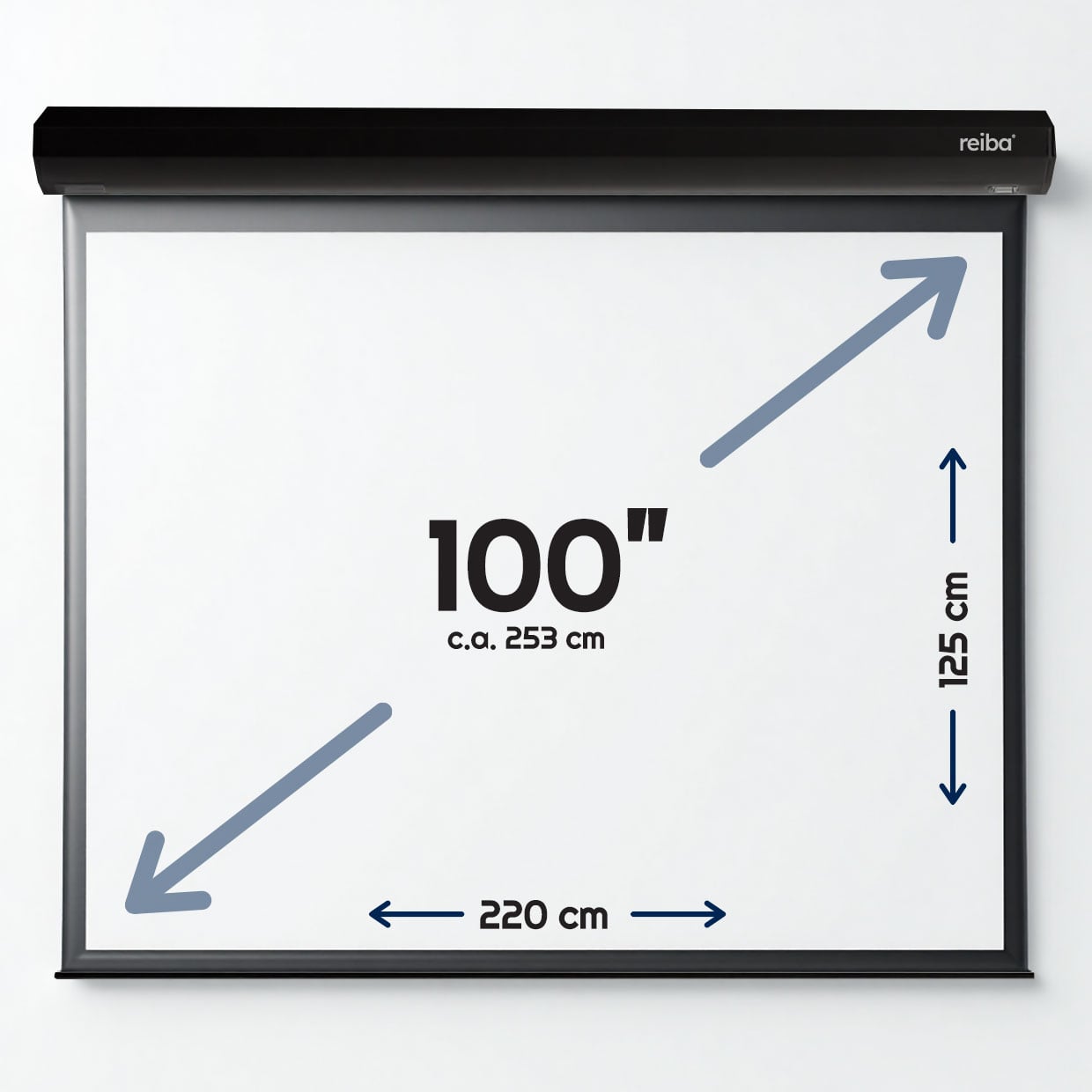 Wymiary ekranu Blackwell™ 100: 221 × 124 cm, przekątna 100 cali (ok. 253 cm)